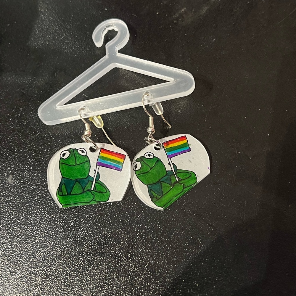 Handmade Kermit pride shrinky dink earrings!!